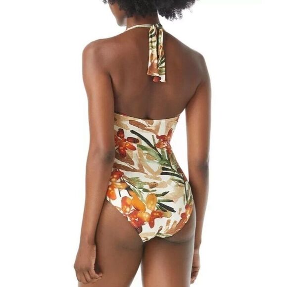 VINCE CAMUTO Printed Plunging Halter One-Piece Swimsuit ivory size 6 New - Picture 4 of 15